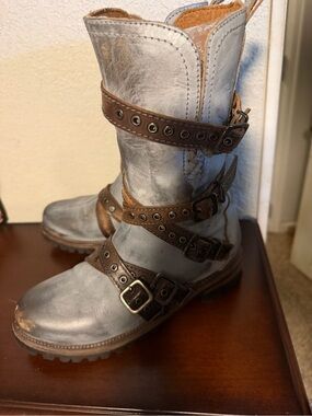 freebird Gray Leather Buckle Combat Boots with Brown Straps